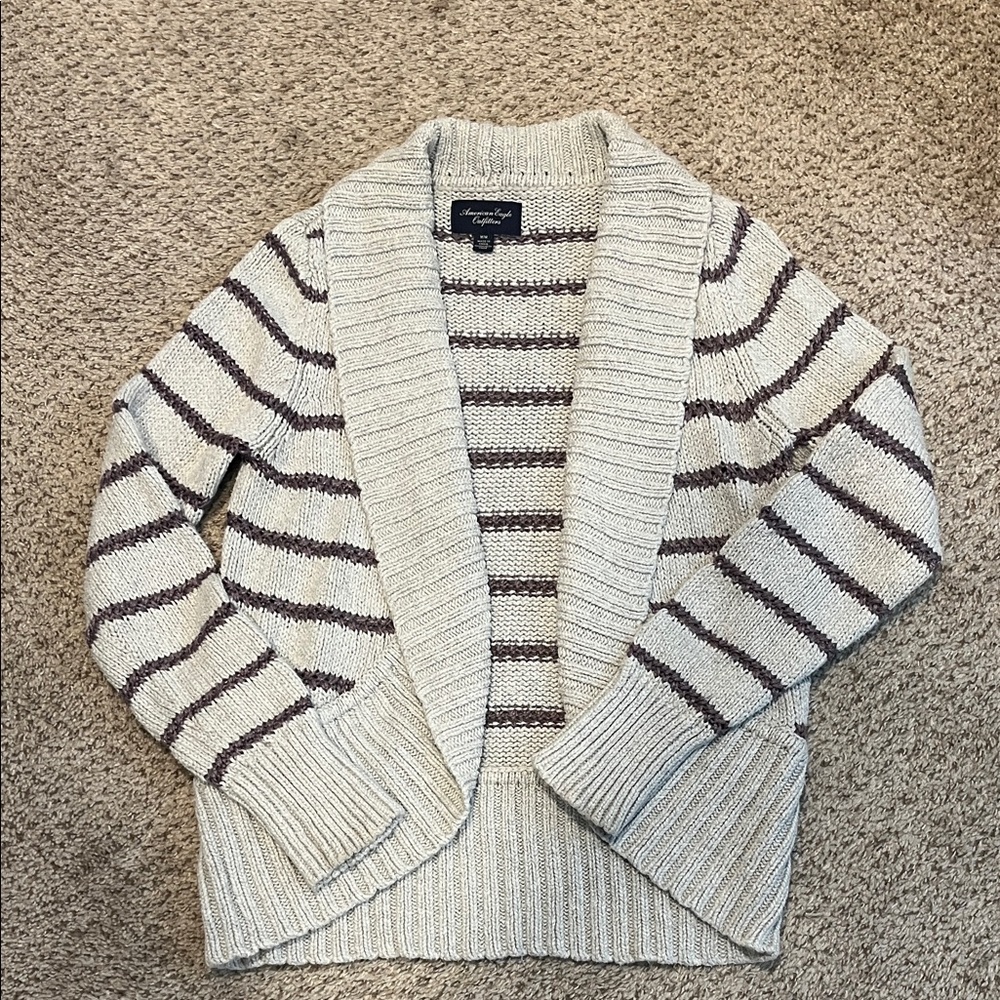 American Eagle Purple and Light Gray Striped Cardigan